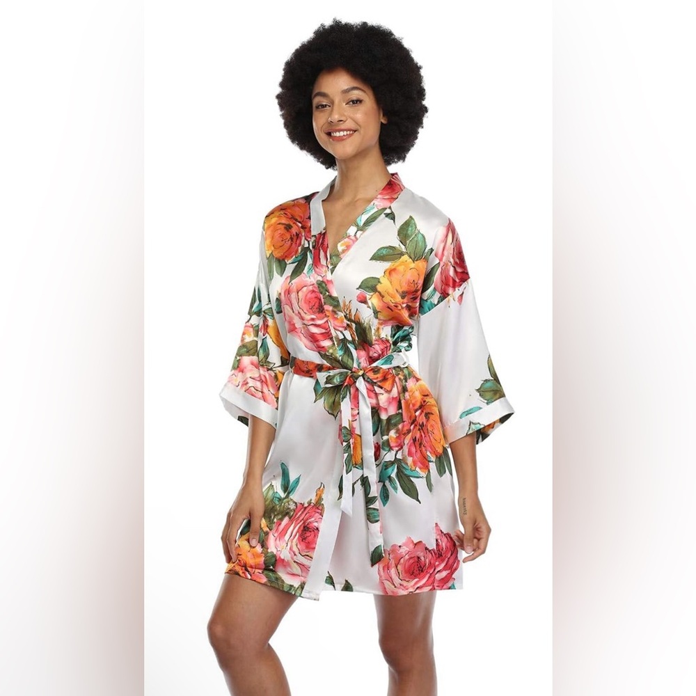 Floral Satin Kimono Robes Short Silky Bridesmaid Robes Sleepwear bridal